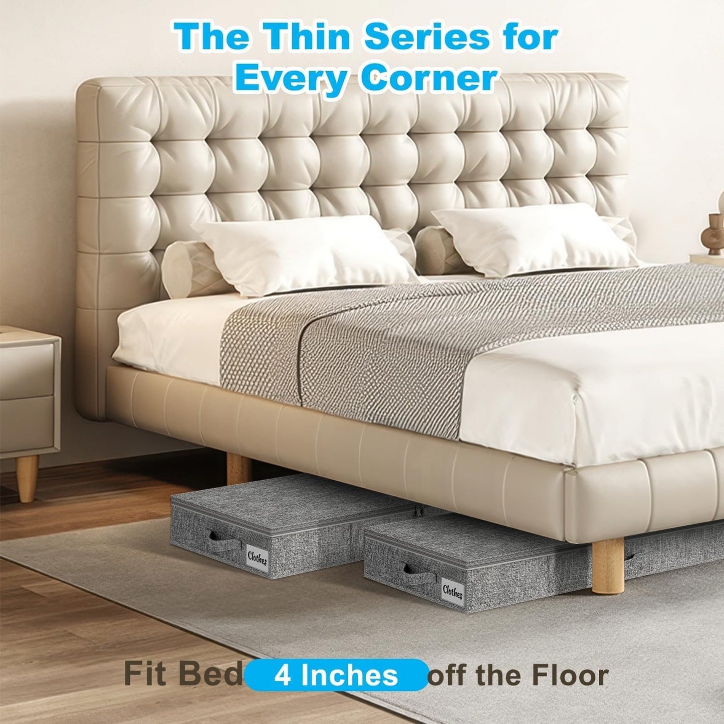 Under Bed Storage Container Bins 2 Pack, 4 Inch Thin Low Profile Underbed Clothes Storage Organizer for Dorm & Home, Use for Blanket and Toy Storage Box W/ Sturdy Bottom/Sides, Foldable Thick Fabric