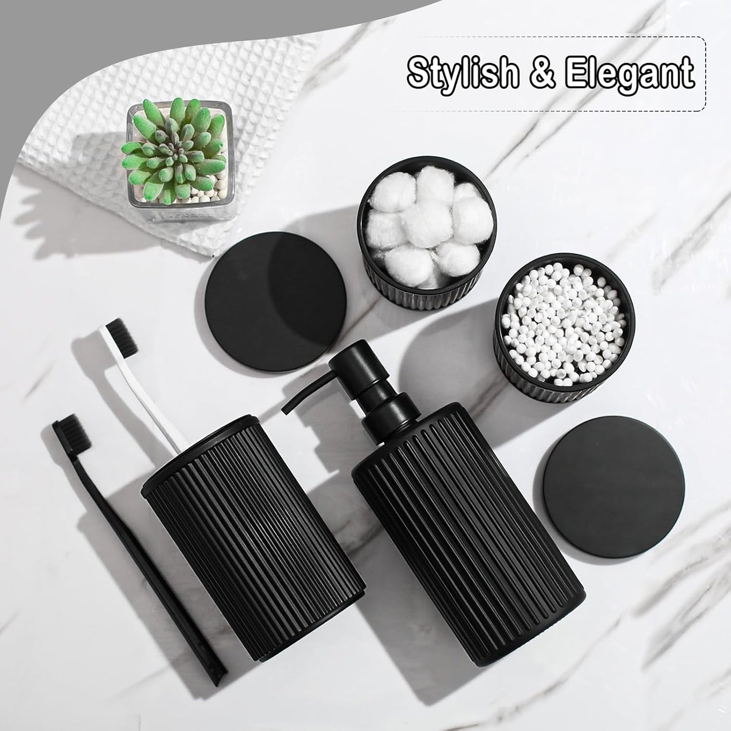 Matte Black Bathroom Accessories Set, 4 Pcs Glass Bathroom Accessory Set, Soap Dispenser, Toothbrush Holder, Qtip Holder Set, Bathroom Sets Complete, Bathroom Sink Set for Modern Home Decor