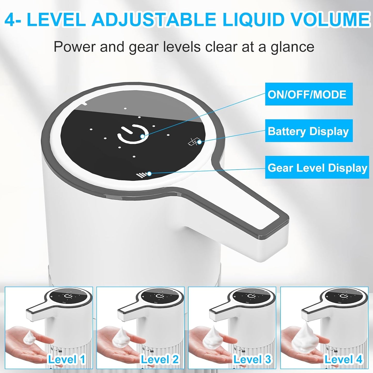 HOMELYLIFE Automatic Foaming Soap Dispenser, 13.53oz/400ml Touchless Soap Dispenser with 4 Adjustable Levels, 1800mAh USB Rechargeable Smart Hand Free Dispenser for Bathroom, Kitchen, Office, Home