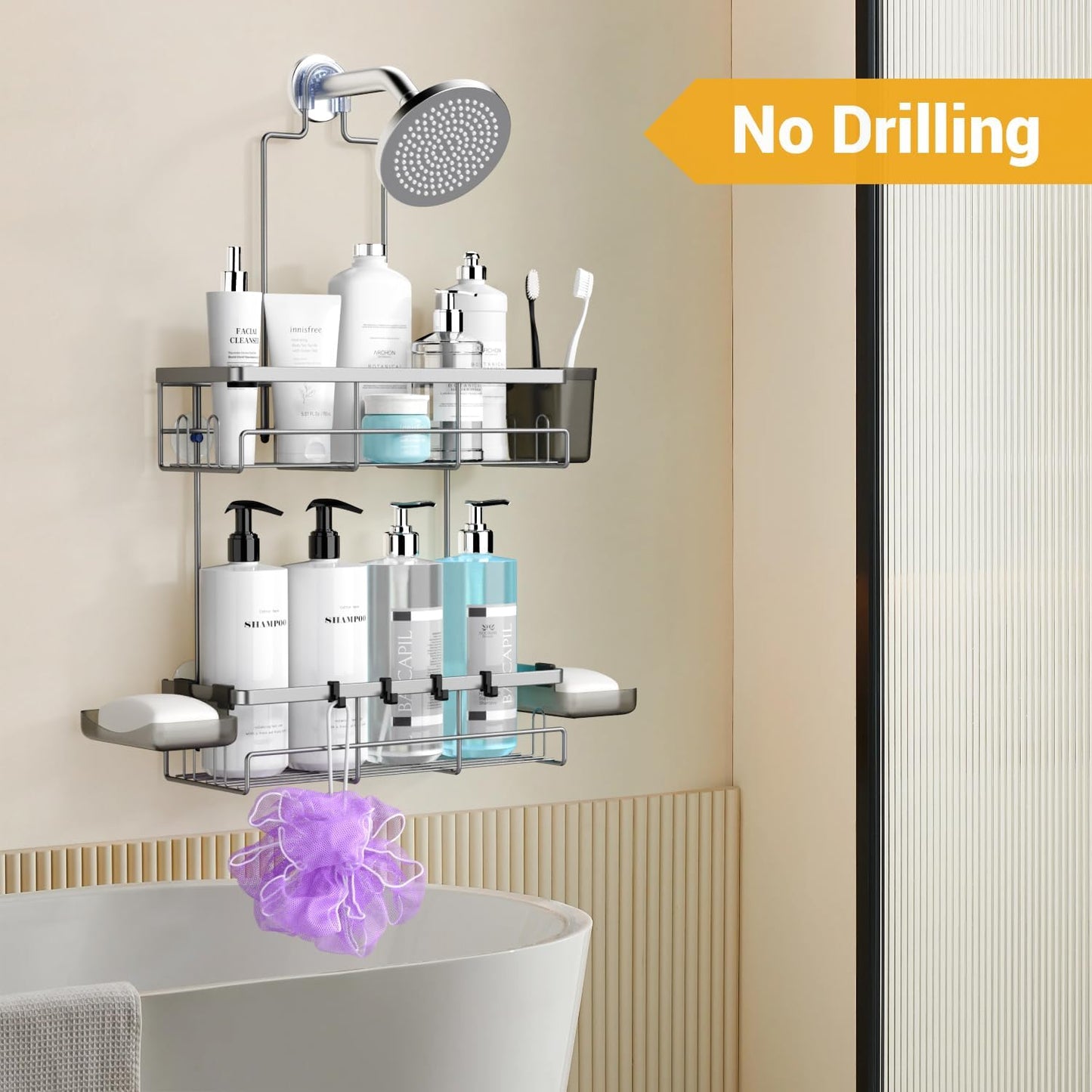 Shower Caddy Hanging Bathroom Organizer: Rustproof Shelf for Inside Shower - No Drilling Racks Over Showerhead - Bath Shelves for Shampoo Soap