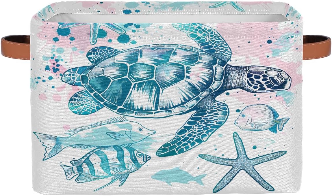Sea Turtle Starfish Storage Basket for Shelves, Storage Bins with Handles, Collapsible Basket for Organizing, Closet Toy Baskets for Nursery Room, 15x11x9.5 in, Canvas, Ocean Tropical Fish