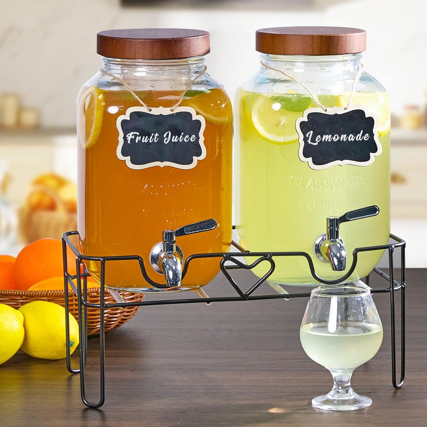 2 Pack1Gallon Glass Drink Dispensers with Stand&Bamboo Lids&Fruit Infuser,304 Stainless Steel Leak-Proof Spigot,Beverage Dispenser for Parties,Water Sangria Juice Sun Tea Lemonade(Brown)