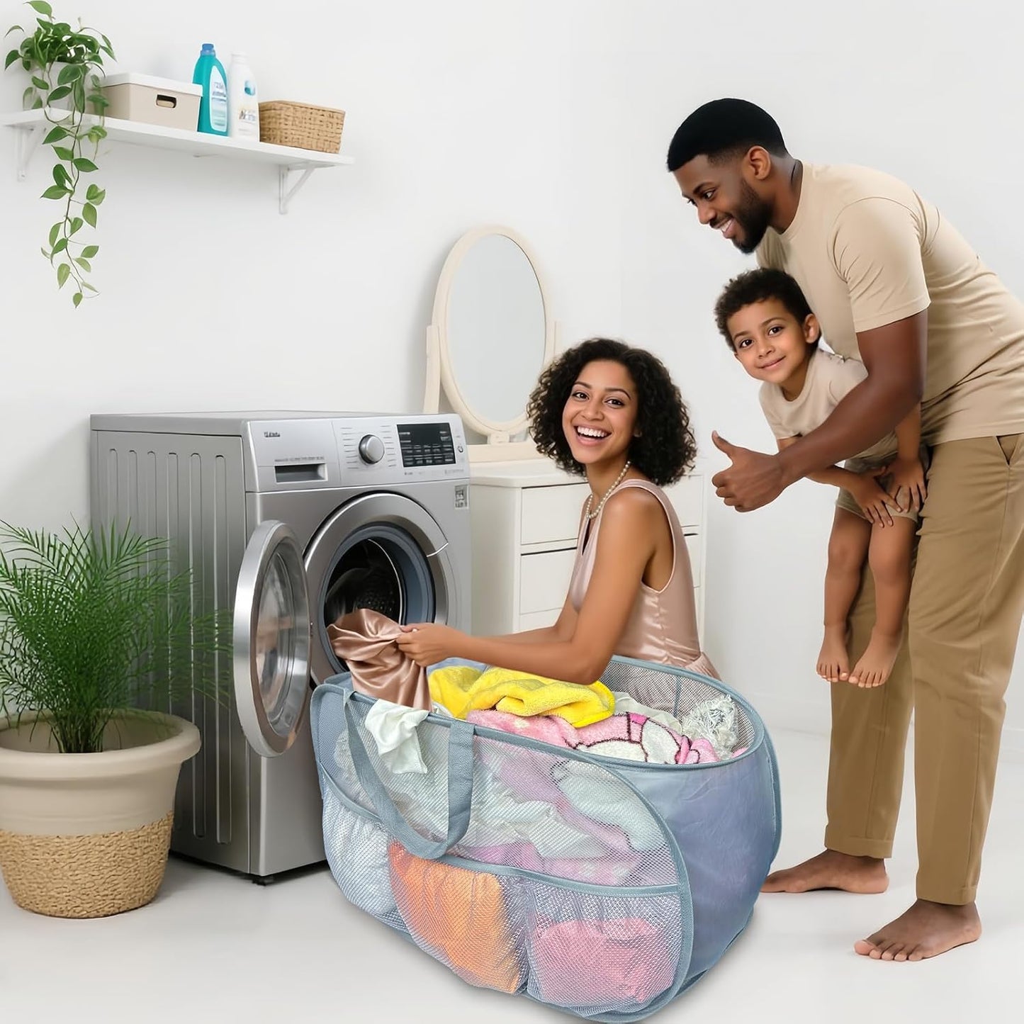 Collapsible Laundry Baskets 2 Pack, Mesh Pop Up Hamper with Handles, Portable Stair Basket, Dorm or Room Folding Bin, Dirty Clothes Hamper Light Breathable. Grey. 2H