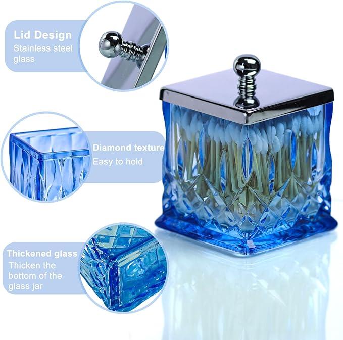 Qtip Holder,15Oz Blue Glass Apothecary Jars with Silver Lids for Bathroom Organization & Desk Storage,Thick Glass Apothecary Jars for Q-Tips,Cotton Rounds,Jewelry,Candy,Square