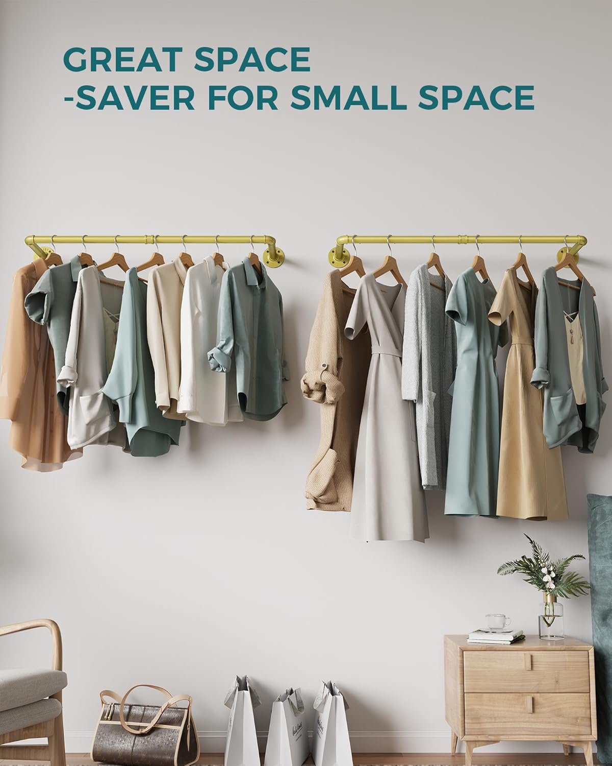 OROPY Industrial Pipe Clothes Rack Wall Mounted Set of 2, 38.4 inches Heavy Duty Iron Pipe Clothing Garment Rail, Multi-Purpose Clothing Hanging Rod for Laundry Room and Closet Storage, Gold