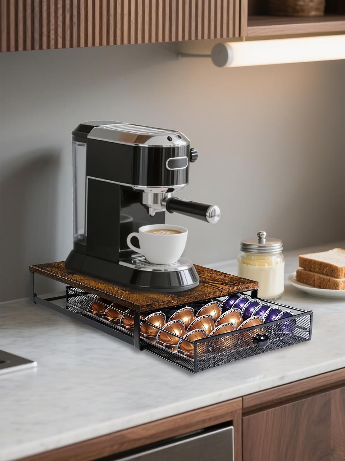 Coffee Pod Holder Drawer Organizer Vertuo Capsules Storage Organizer with Sliding Drawer Compatible For Nespresso Vertuo Pods, Holds up to 54 Small or 28 Big Vertuo Pods Rustic Brown