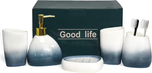 5 Piece Ceramic Bathroom Accessory Set in Ombre Blue, Includes Soap Dispenser, Toothbrush Holder, Soap Dish & 2 Mouthwash Cups, Modern Elegant Countertop Decor for Bathroom Vanity