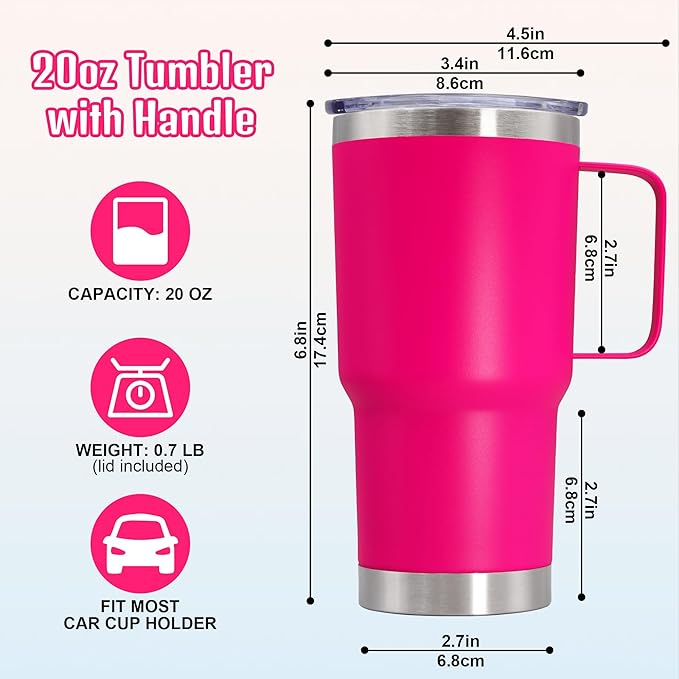 20 oz Tumbler with Handle and Lid, Stainless Steel Tumbler Insulated Travel Coffee Mug, Spill Proof Double Wall Vacuum Tumbler Cup Keep Drink Hot & Cold, Hot Pink, 6 Pack