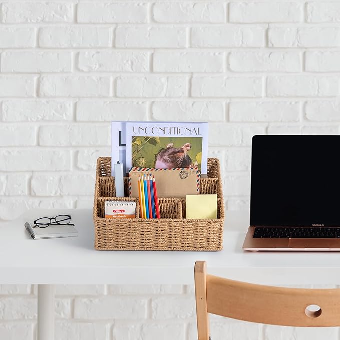 Rattan Desk Organizer, Tabletop Mail Holder, 5 Slot Mail Organizer Countertop Basket, Rattan Office Supplies, Boho Office Desk Accessories, Wicker Desk Organizer, Magazine Holder（Wicker）