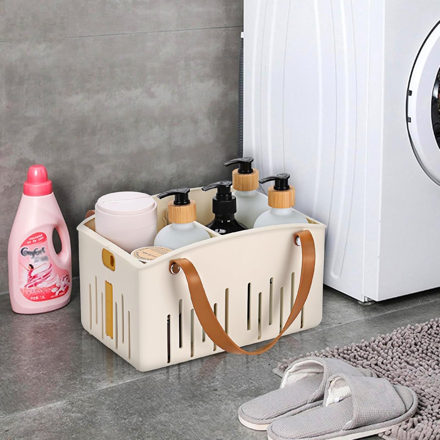 Portable Shower Caddy Collapsible Plastic Shower Basket Tote with Handles Removable Divider, Cleaning Caddy Storage Organizer for Bathroom College Dorm (White)