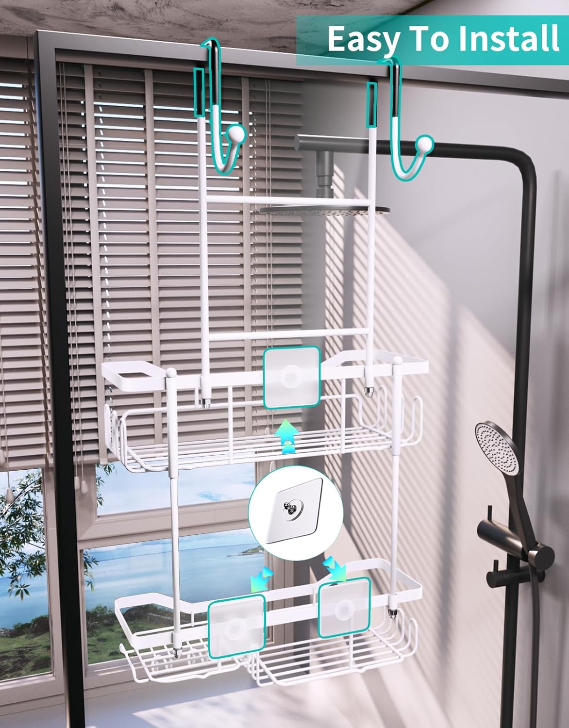 HapiRm Hanging Shower Caddy Over the Door with Soap Holder, No Drilling Adhesive Shower Organizer with 11 Hooks, Rustproof & Waterproof 304 Stainless Steel Bathroom Shelves - White