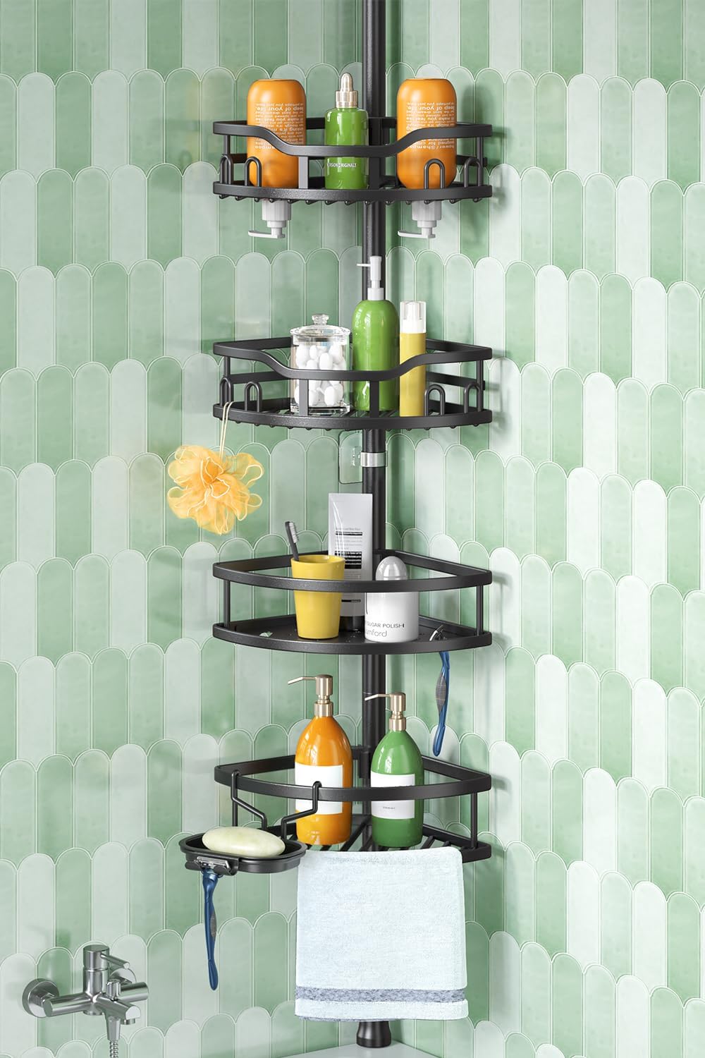 HAMITOR Corner Shower Caddy Tension Pole: Rustproof Stable 4-Tier Bathroom Organizer Shelves for Bathtub Shampoo Storage - 47-121 Inch Quick Install Adjustable Standing Rack with Soap Rack - Black