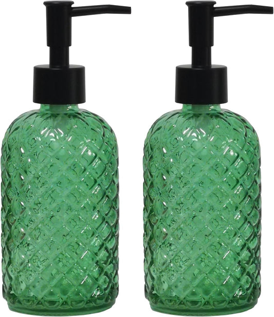 Green Glass Soap Dispenser with Black Pump, 13.5oz Liquid Hand Soap Dispenser Set, Dish Soap Lotion Dispenser for Modern Home Decor, Bathroom, Kitchen Countertop, Hotel(2 Pack)