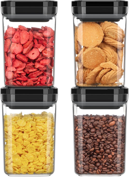 MR.SIGA 4 Pack Airtight Food Storage Container Set, BPA Free Kitchen Pantry Organization Canisters, One-handed Airtight Cereal Snack Candy Storage Containers, 1 L / 34oz, Medium, Black