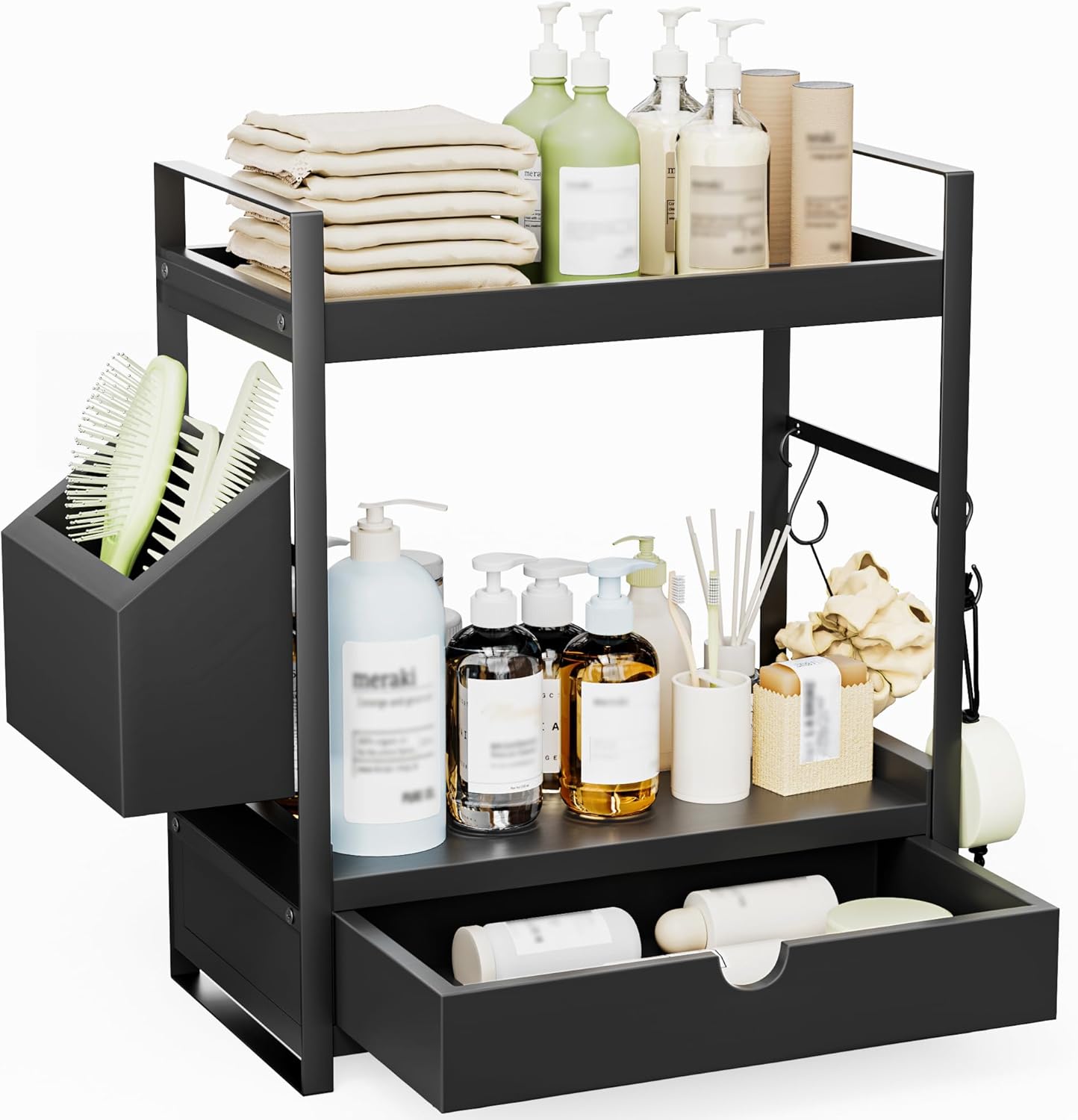 2-Tier Bathroom Counter Organizer with Drawer and Basket, Wood Countertop Organizer for Storage, Skincare Organizers for Vanity, Counter Shelf for Bathroom Organization, Black