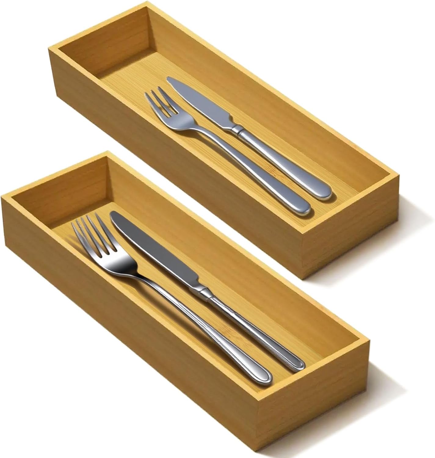Bamboo Drawer Silverware Organizer, Silverware Tray, Flatware Organizer, Bamboo Storage Box Suitable for Office, Bathroom and other objects storage (9.85"x3.55"x1.78"- Set of 2)