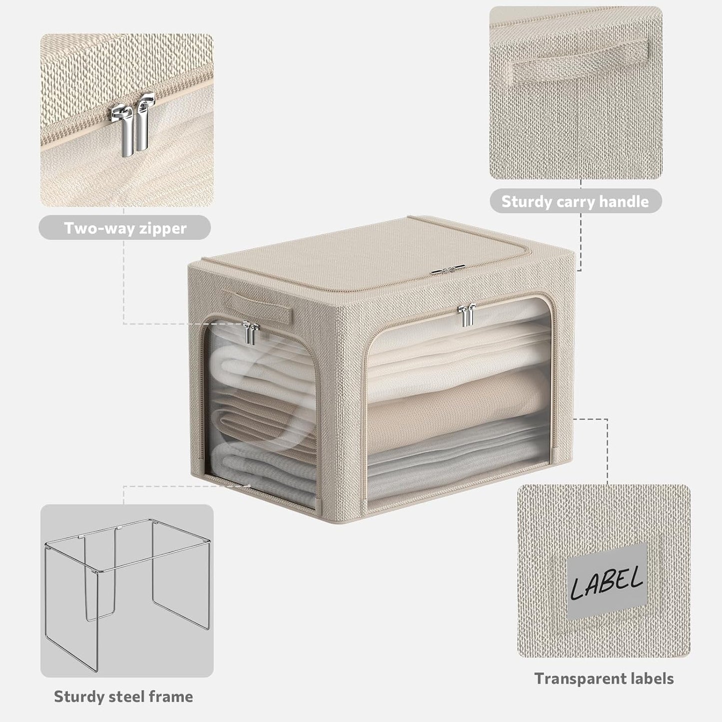 3Pack Stackable Foldable Storage Bin - Metal Frame Storage Box with Clear Window, Carry Handles (36L-15.7x11.8x11.8in, Beige)