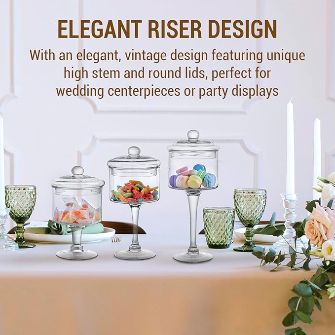 MyGift 3-Piece Clear Glass Apothecary Candy Jar Set with Lids – Decorative Party Display Containers for Wedding Centerpieces, Dessert Tables, Kitchen Counter Storage, and Bathroom Décor