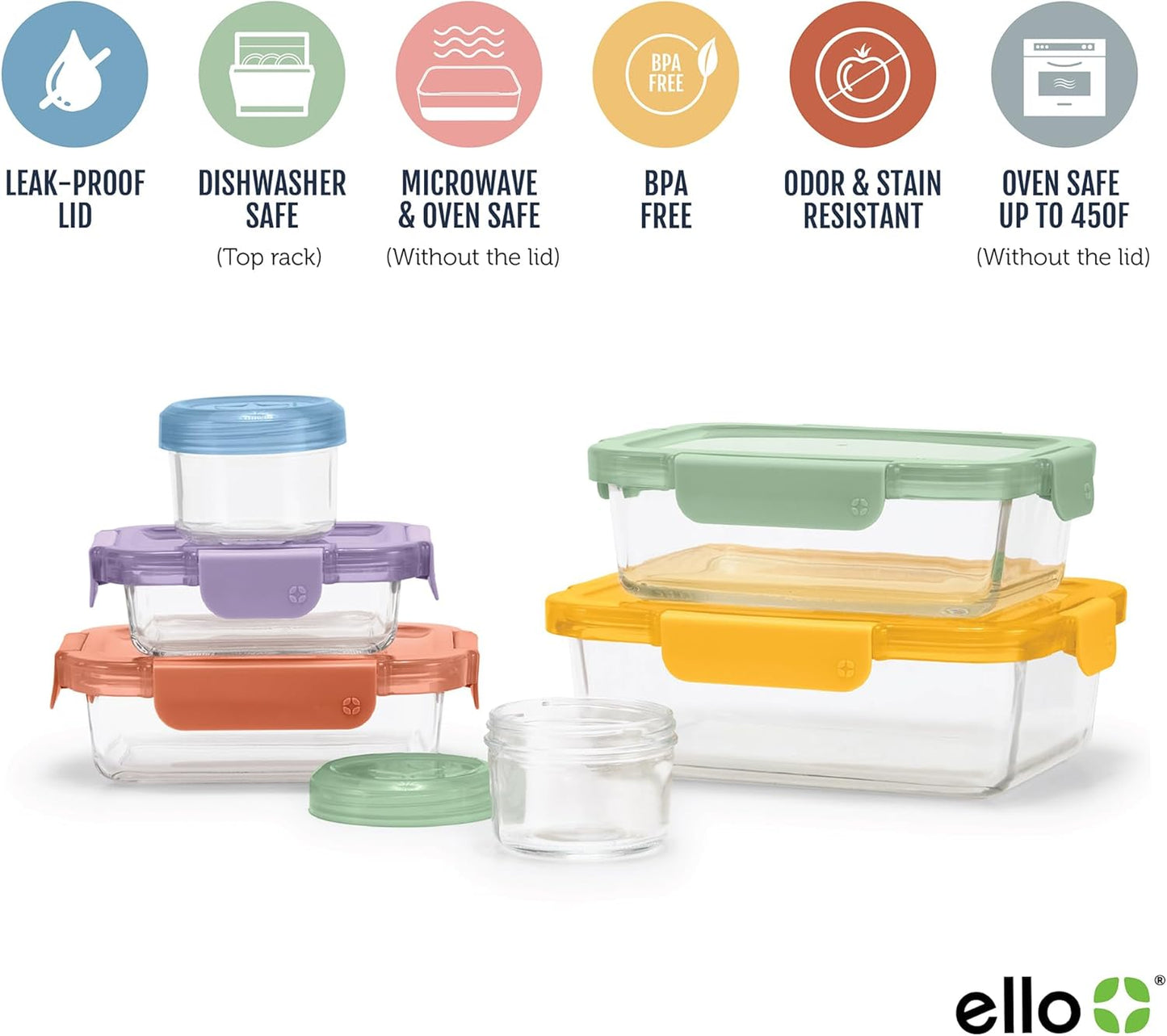 Ello Color Lock 12PC Mixed Glass Food Storage Sets, Leak-Proof Glass Food Storage Containers with Airtight BPA-Free Plastic Lids, Dishwasher, Microwave, and Freezer Safe, Desert Festival