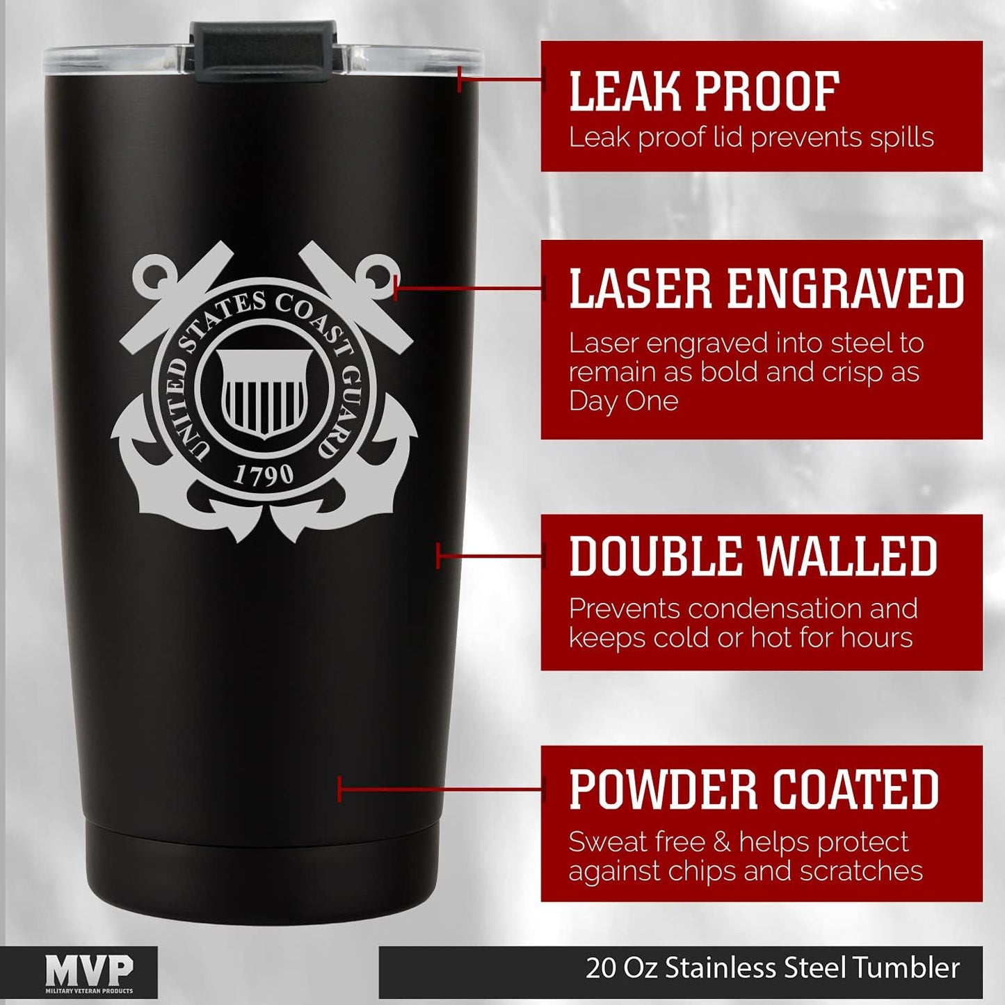 Military Gift Shop 20oz Coast Guard Tumbler, Double-Walled Insulated Steel USCG Coffee Mug with Lid | Coast Guard Gifts | Coast Guard 20oz Tumbler