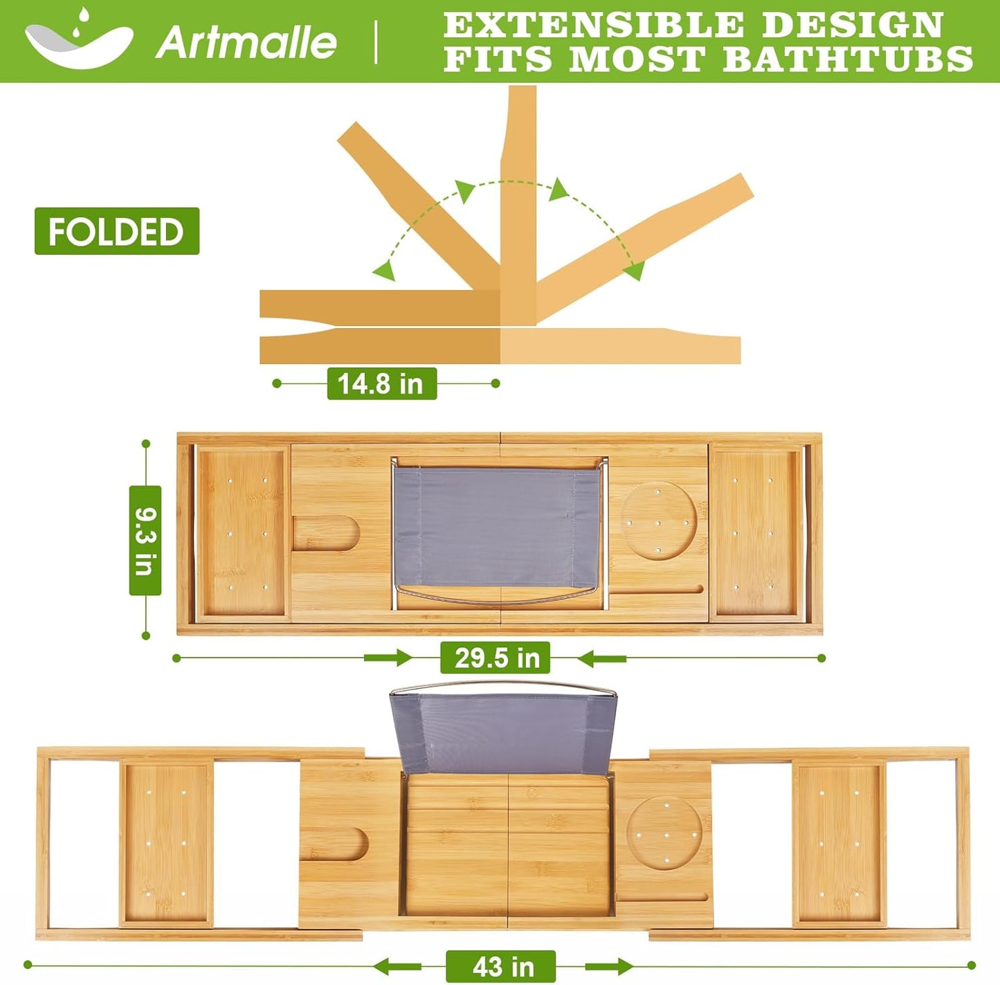 Artmalle Bathtub Caddy Tray for Tub,Foldable Bamboo Bath Table Tray with Book and Wine Glass Holder, Free Soap Dish Suitable for Luxury Spa or Reading,Natural