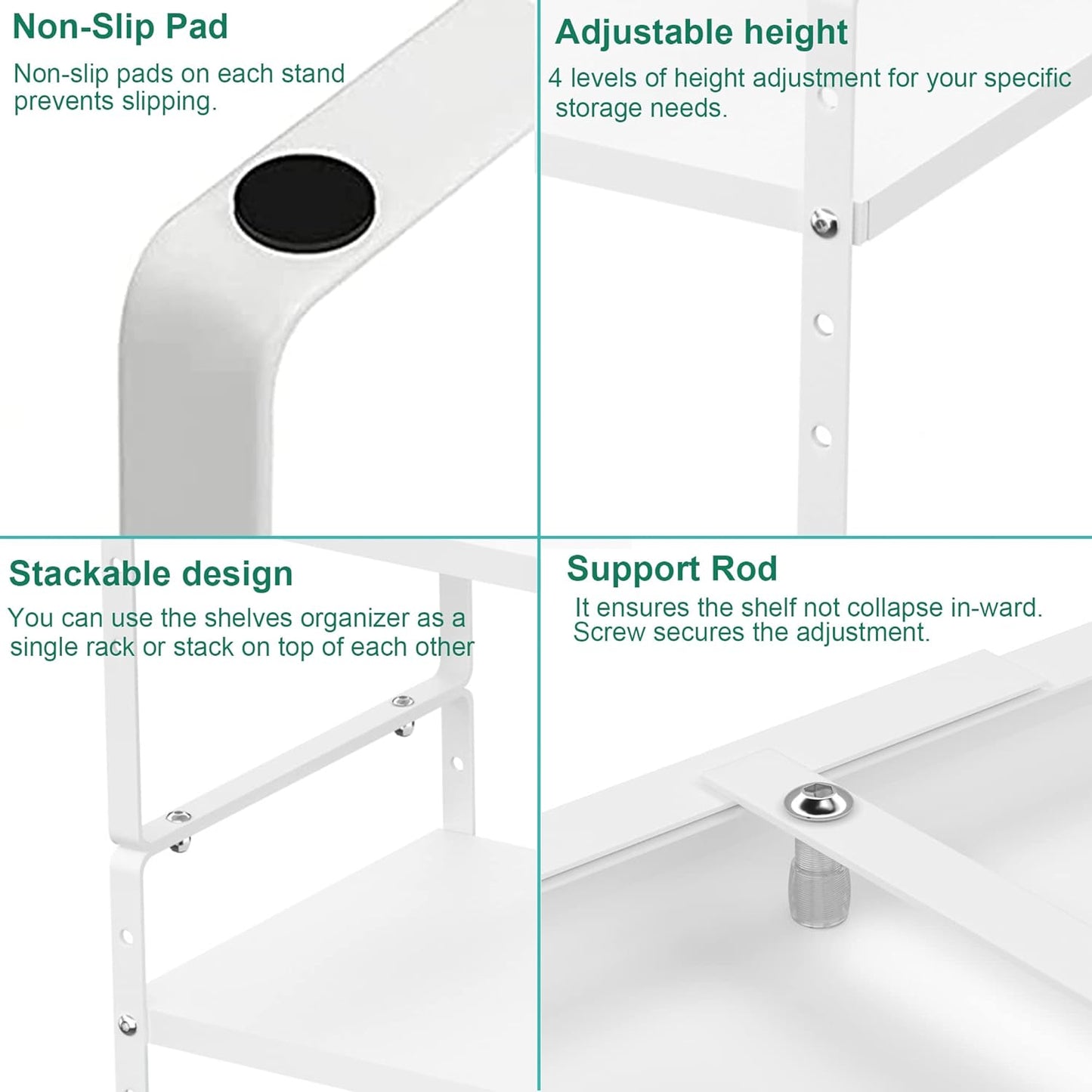 Redrubbit Expandable Cabinet Shelf Organizers, Stackable Kitchen Counter Shelves Spice Rack for Kitchen Bathroom Pantry Cupboard Desk Home Office, Metal Plate Heavy Duty Nonslip White, Set of 2