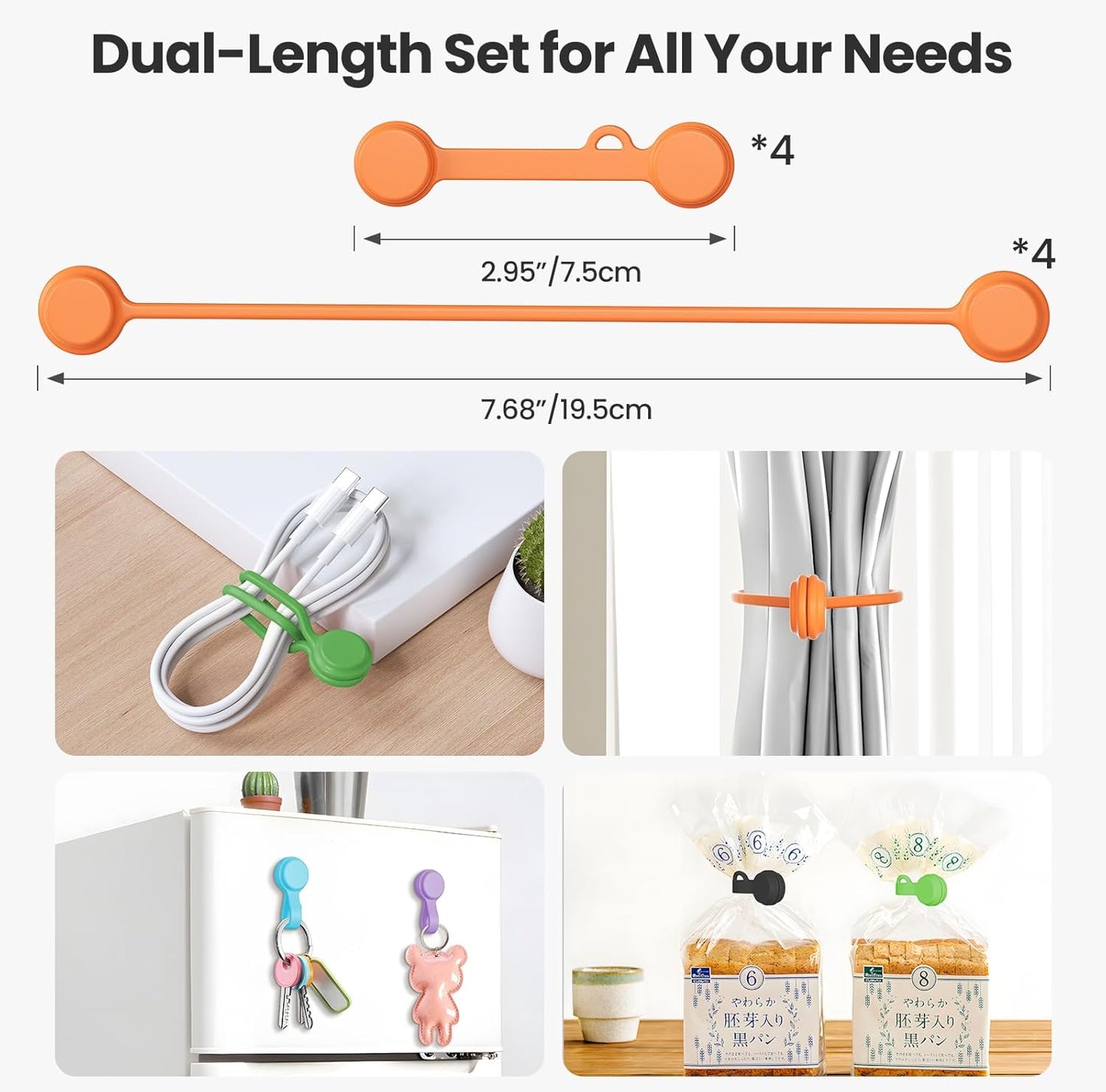 Reusable Silicone Magnetic Cable Ties - 2 Sizes Combo (4pcs 2.56'' + 20pcs 7.16'') - Multi-Purpose for Cable Bundling, Organizing, Bookmarks & Fridge Magnets - Assorted Colors, Pack of 24