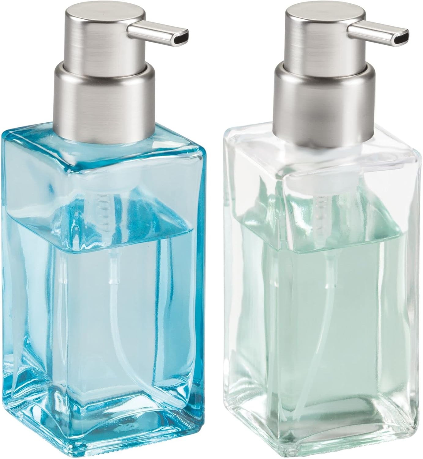 mDesign Glass Refillable Foaming Hand Soap Dispenser Modern Square Pump Bottle for Bathroom Vanity or Kitchen Sink, Countertops - Casi Collection - 2 Pack - Blue/Brushed, Clear/Brushed