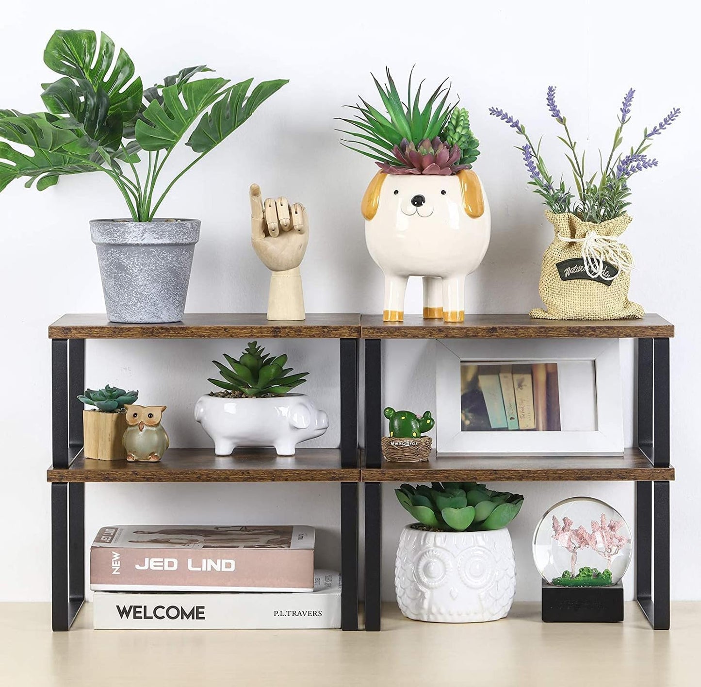 NEX Kitchen Cabinet and Counter Shelf Organizer, Shelf Riser for Pantry Countertop Cupboard Desk Top, Stackable & Expandable, Set of 4, Black and Rustic Brown