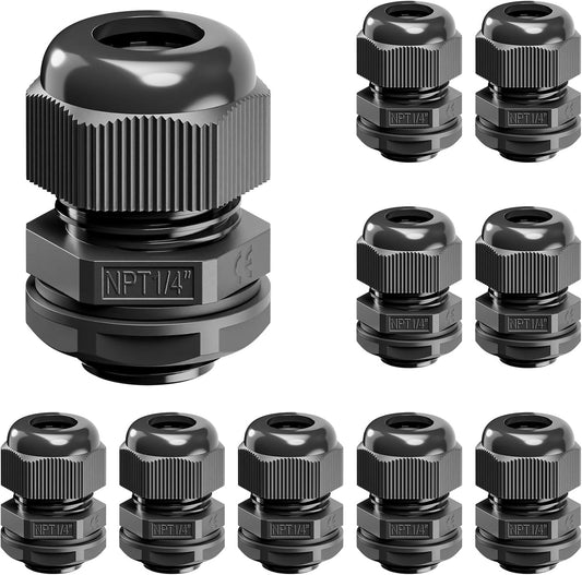VCELINK 10 Pcs 1/4" NPT Cable Glands Nylon Waterproof, IP68 PA66 Cord Connectors, NPT 1/4" Wire Entry for Electrical Boxes, Strain Relief Wire Grommets, Black