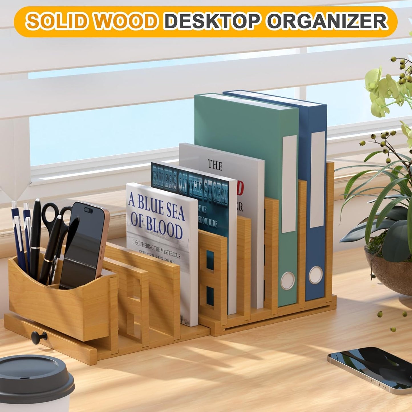 AO LI GEI Wood File Mail Organizer,Expandable Desktop Organizer Paper Sorter Pull Out from 4 to 7 Slots with Hanging Storage Box & Phone Stand,File Holders for Office Desk Home & School ﻿