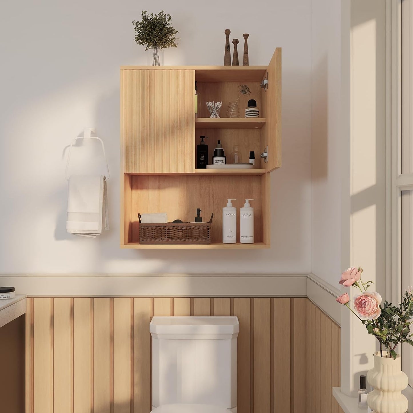 Fluted Bathroom Wall Cabinet,Medicine Cabinet with Adjustable Shelf,Over The Toilet Storage Cabinet for Laundry,Hanging Cabinet,Kitchen and Living Room Cabinets (Oak)