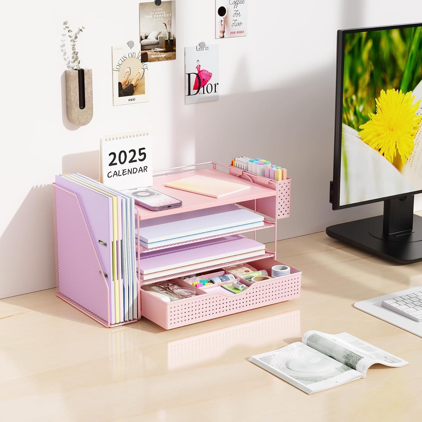 gianotter Wood Desk Organizers and Accessories with File Holder, 4-Tier Desk Accessories & Workspace Organizers with Drawer and Pen Holder, Paper Organizer for Office Supplies (Pink)