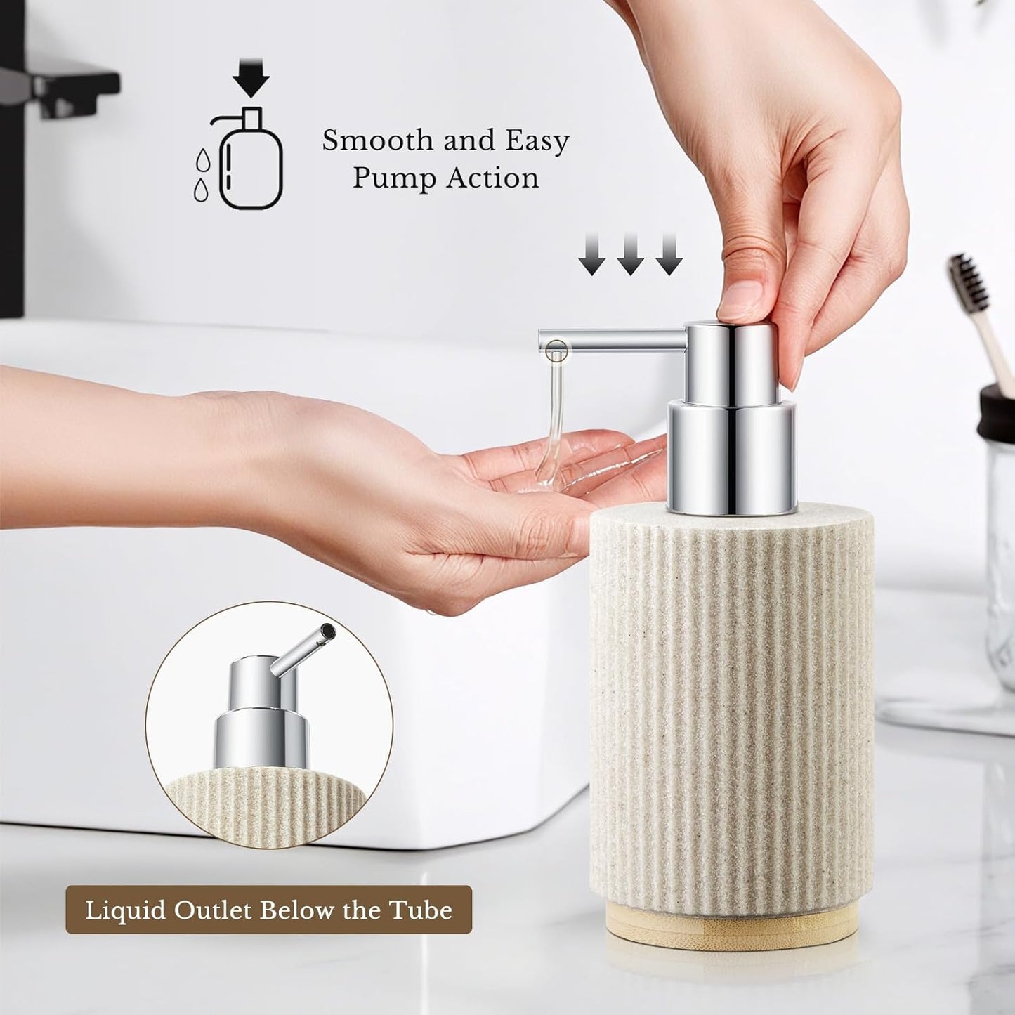 Bathroom Accessories Set, 7PCS Resin Bathroom Set with Bamboo Base, with Soap Dispenser, Q-tip Holder, Toothbrush Holder, Tumbler, Soap Dish, Vanity Tray, Complete Bathroom Set for Modern Decor,Beige