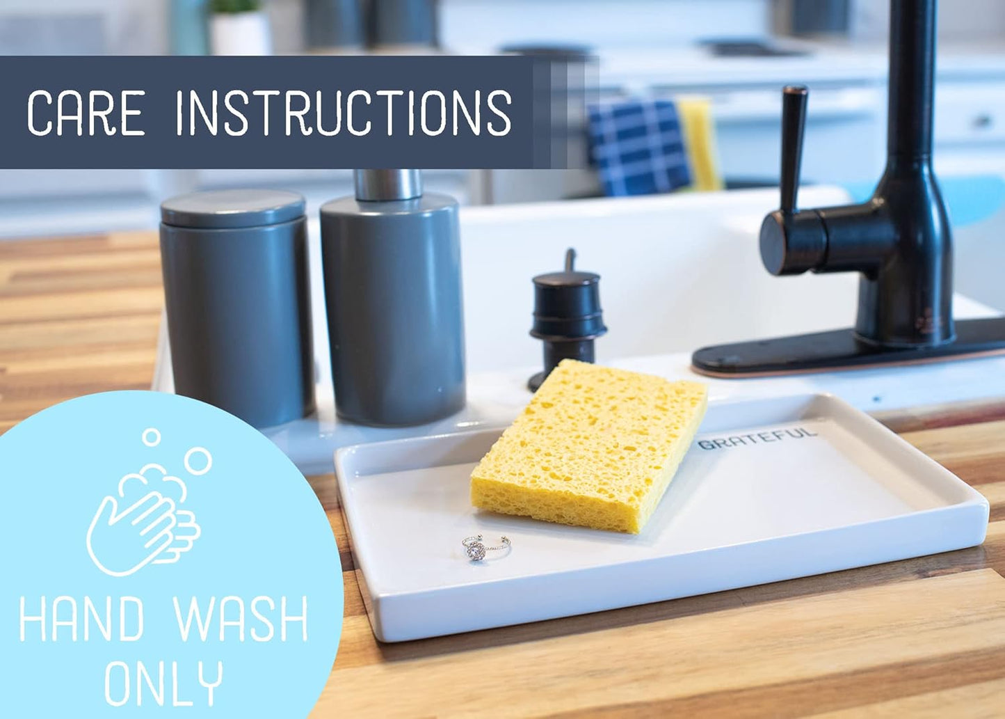 NAT & Jules Grateful 10 x 6 Ceramic Stoneware Vanity Tray - Perfect Bathroom or Kitchen Counter Organization Décor: Sponge Holder, Soap Dish, Jewelry and Perfume Tray, Grateful Cream