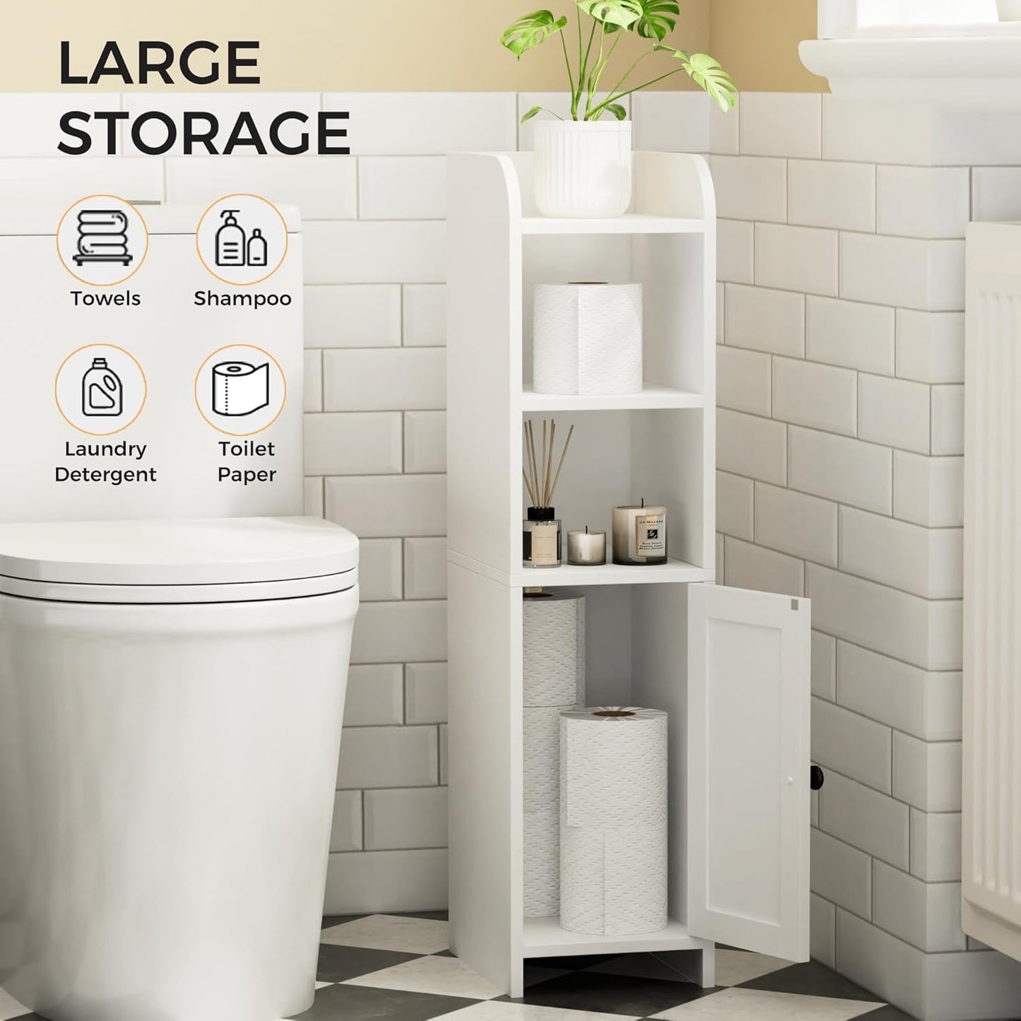 Homhedy Small Bathroom Storage Corner Floor Cabinet with Door and Shelves, Beside The Toilet Paper Stand for Skinny, Narrow Toilet Paper Cabinet, 9.8" D x 7.9" W x 31" H, White