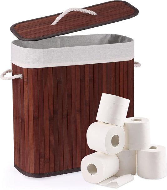 Bamboo Toilet Paper Storage with Lid & Handel, 8 Gallons (30L), Sturdy Toilet Paper Basket, Organizer for Bathroom, Kitchen, Holder with Storage, Brown