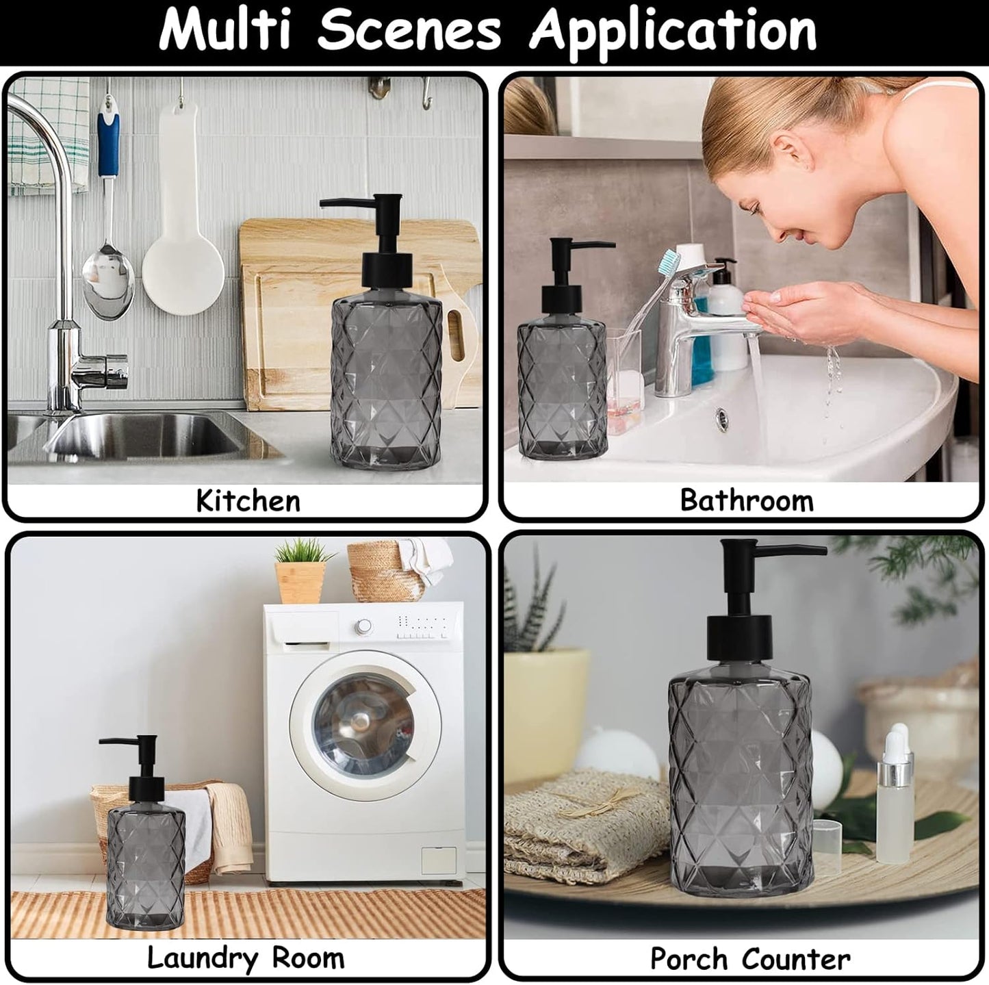 Glass Soap Dispenser with Black Plastic Pump, 12oz Refillable Liquid Hand Soap Dispenser, 2 Pack Crystal Lotion Bottle for Modern Home Decor, Bathroom, Kitchen Countertop, Hotel