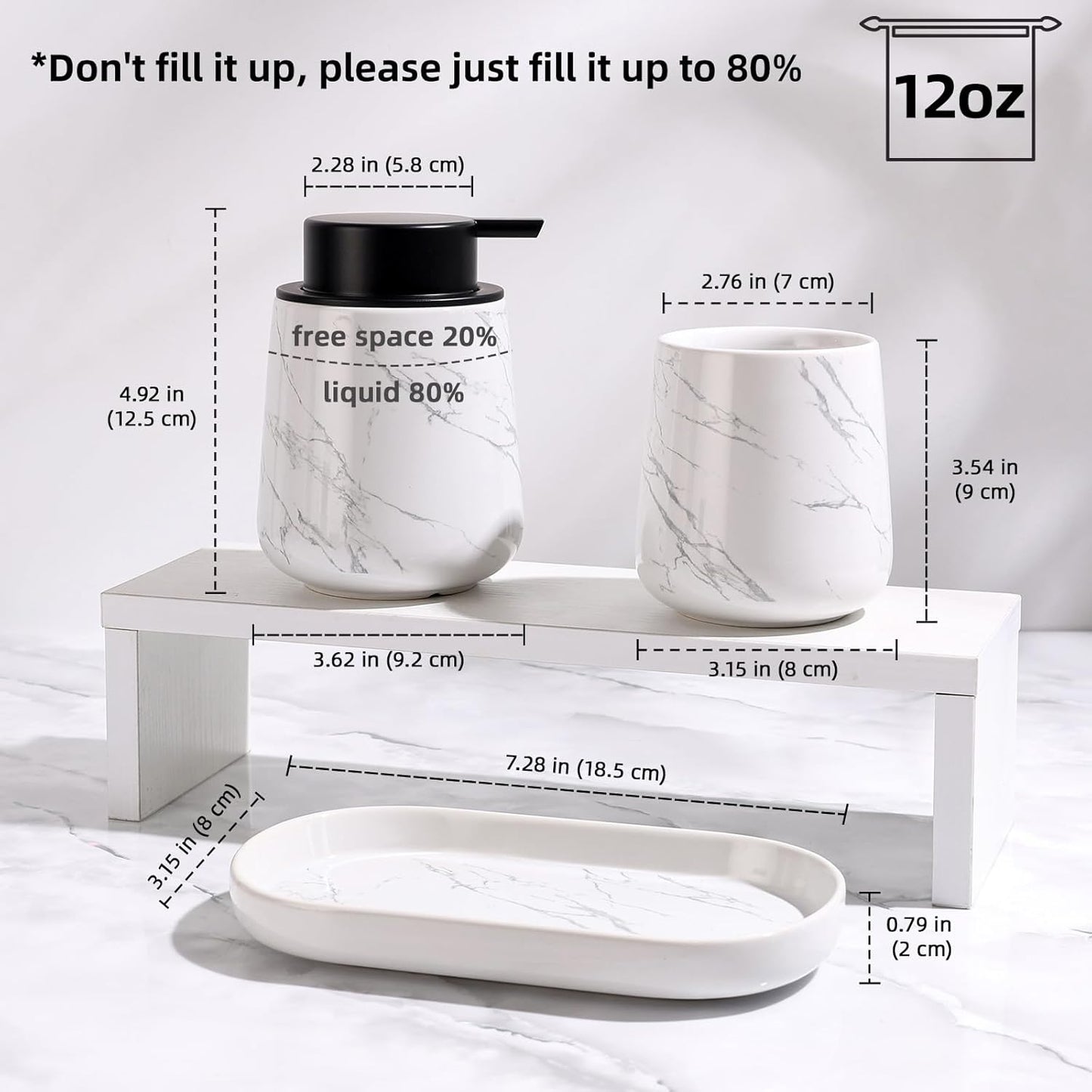 BosilunLife Marble Bathroom Accessory Set - 3 pcs Ceramic Bathroom Soap Dispenser Set Farmhouse Bathroom Counter Decor Set Accessories, Soap Dispenser and Toothbrush Holder, Tray