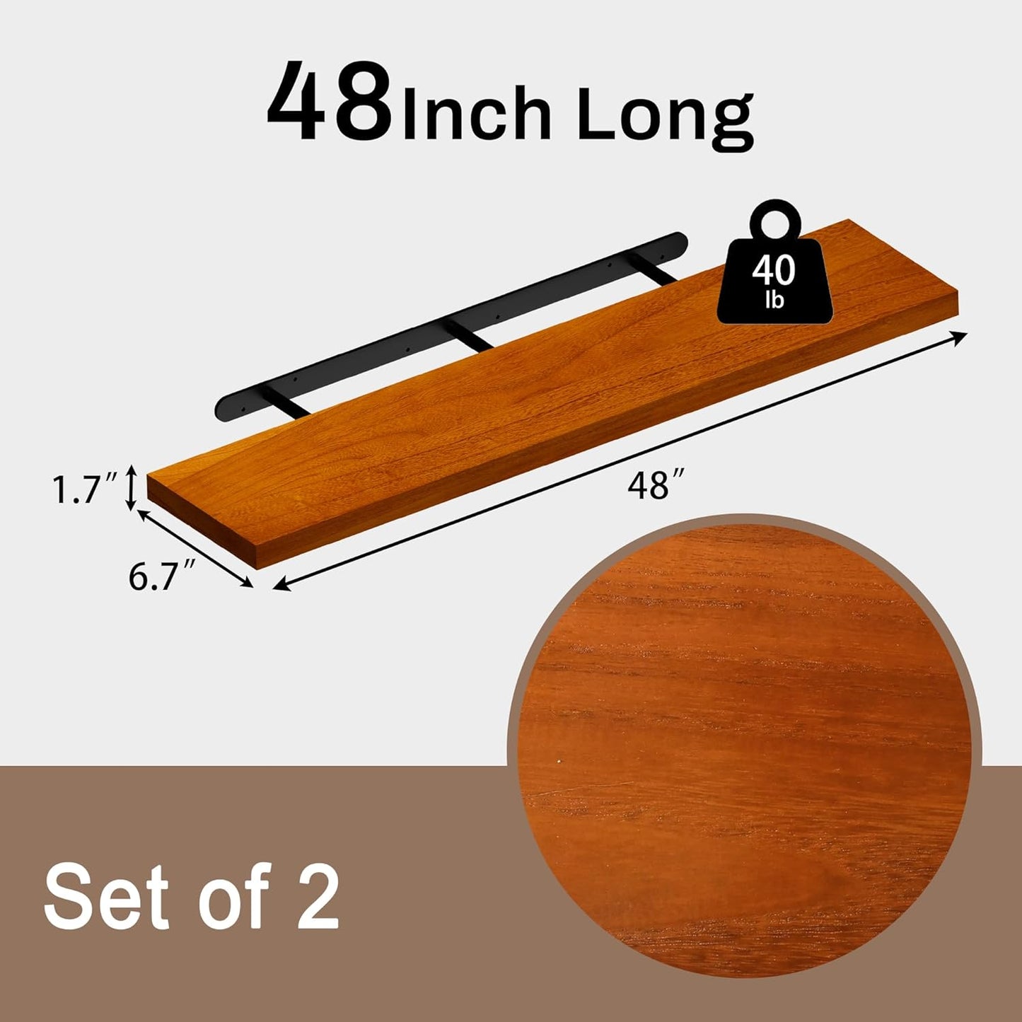 Floating Shelves for Wall, 48 Inch Extra Long Brown Wall Shelves, Set of 2, Hanging Invisible Brackets Floating Shelves for Living Room,Bedroom,and Kitchen