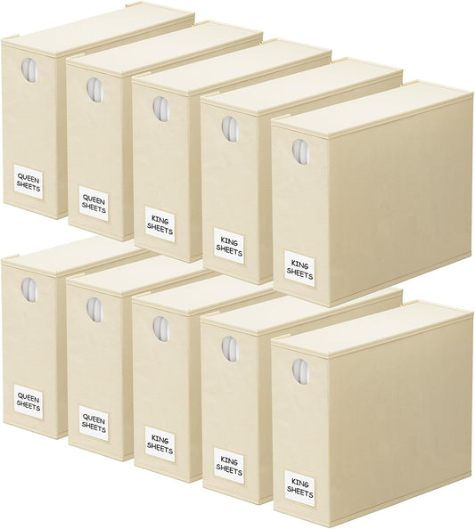 SpaceAid 10 Pack Bed Sheet Organizers and Storage, Foldable Sheet Organizer for Linen Closet, Sheets Set Folder Keeper with Window XL (Queen & King Size) Organizing Bedding Container, Beige