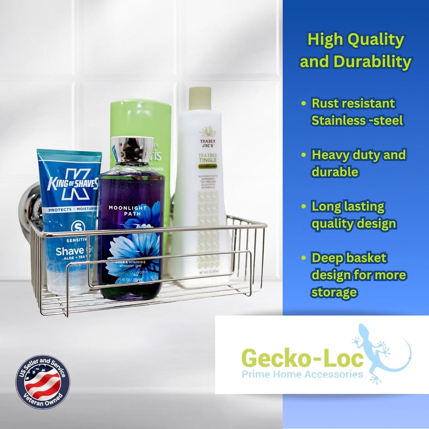 Gecko-Loc Large Deep suction cup wall mount bathroom shower caddy - shampoo storage basket shelf organizer caddie bath shelves - Silver