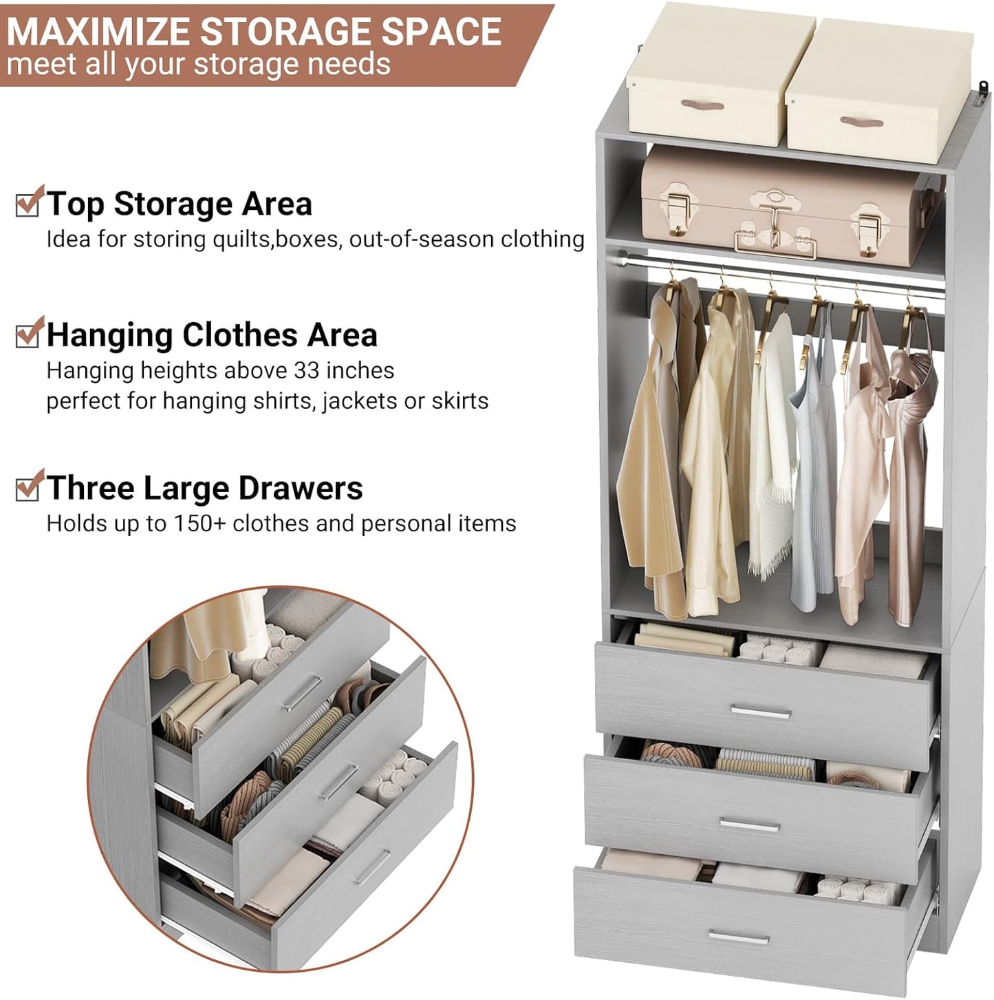 Freestanding 2FT Closet System with 3 Wood Drawers, 24" Closet Organizer System with Hanging Rod & Shelves, Walk-in Closet Systems for Small Closets, Grey (24"L x 15" W x 80" H)