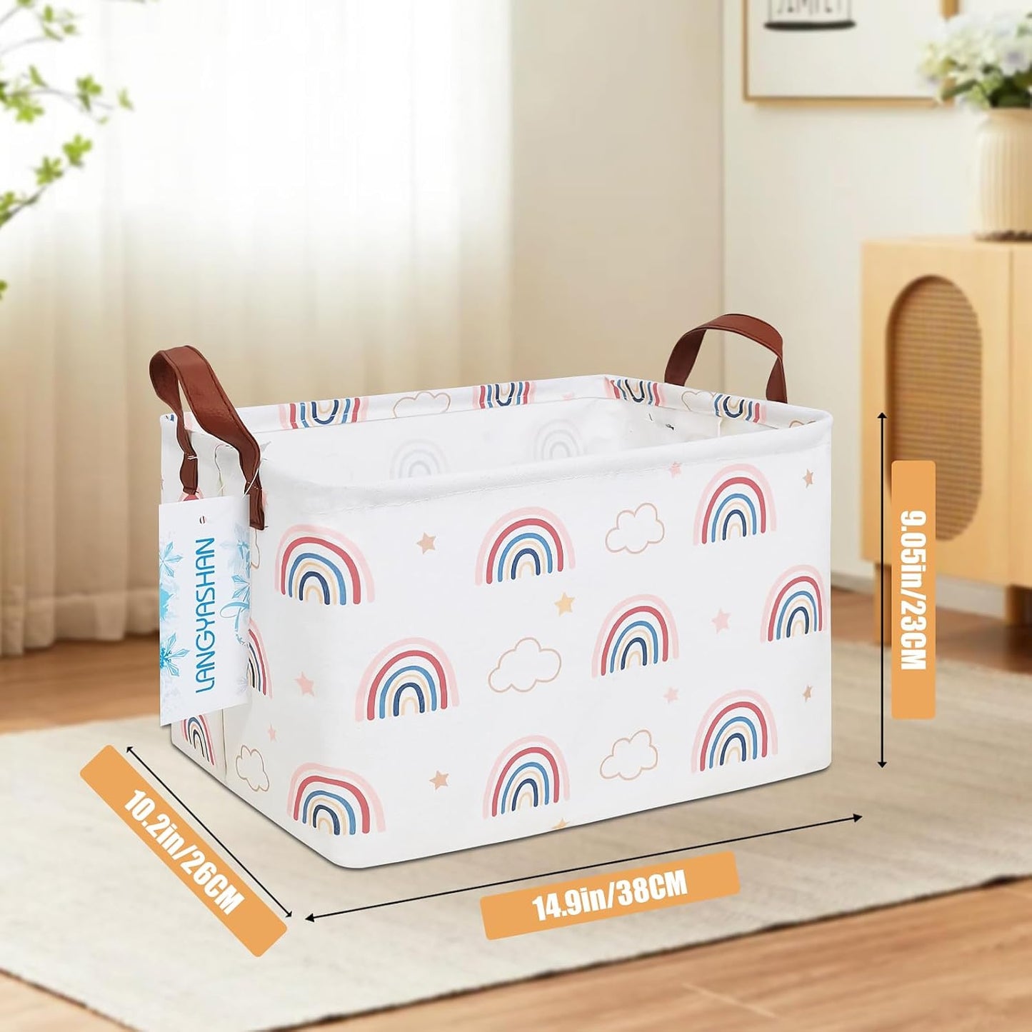 LANGYASHAN Rectangular Storage Bin Collapse Canvas Fabric Cartoon Storage Basket with Handles for Organizing Home Kitchen Boys and Girls Toys Office Closet Shelf Baskets(Rec Cloud Rainbow)