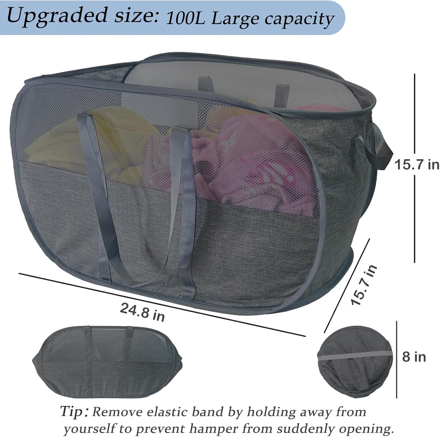 Extra Large Mesh Pop Up Laundry Hamper 2 Pack,100L Collapsible Laundry Baskets, Dirty Clothes Hamper with Reinforced Handles, Folding Hampers for Travel, Nursery, Dorm or Home. Black