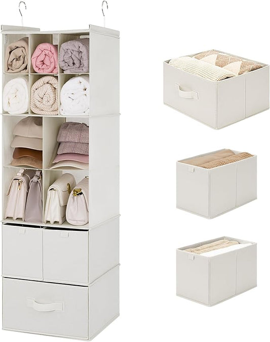 GRANNY SAYS Hanging Closet Organizer with Drawers, 6 Shelf Dividers Closet Hanging Organizer, Portable Foldable Hanging Shelves for Closet, Dorm Room, Bedroom, Kids Room, Beige