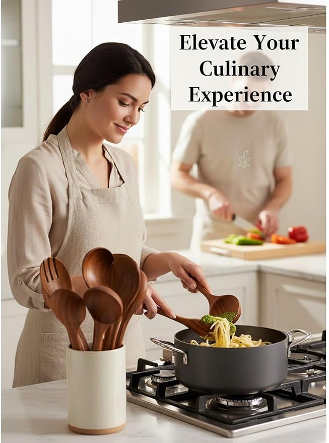 100% Natural Teak Wood Wooden Utensil Set – 8 Pcs Durable Kitchen Spoons for Cooking – Non-Stick & Heat Resistant, Eco-Friendly & Comfortable Grip