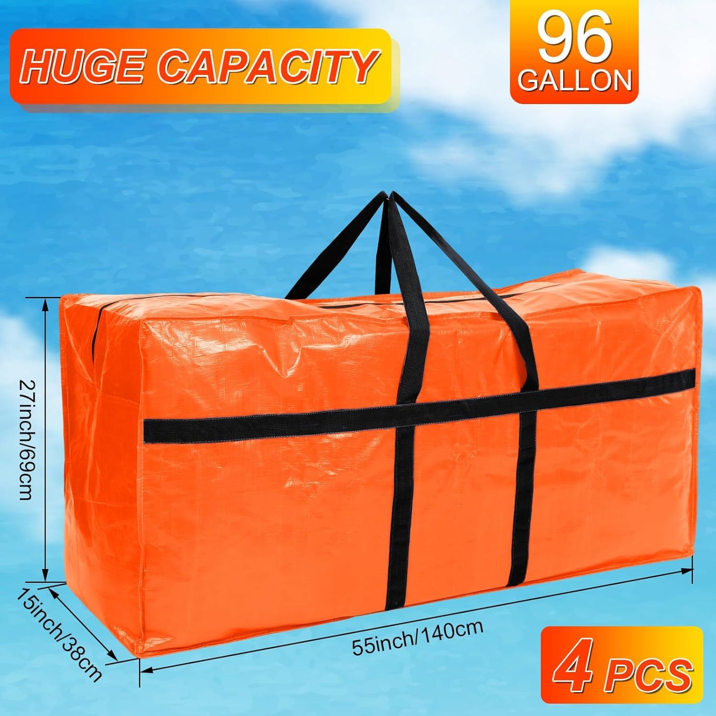 4 Pcs 96 Gallon Large Moving Bags with Zipper and Handles Foldable Storage Duffle Bags Heavy Duty Extra Large Totes for College Dorm Travel Clothes Blankets Bedding Moving (Orange)
