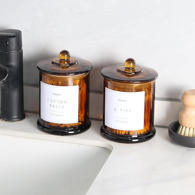 Qtip Holder & Cotton Pad Dispenser, Bathroom Organizer and Storage Canisters, 16oz Glass Apothecary Jars for Kitchen, Restroom - Home Decor Accessories, Room Decor Aesthetic (2 Pack, Amber)