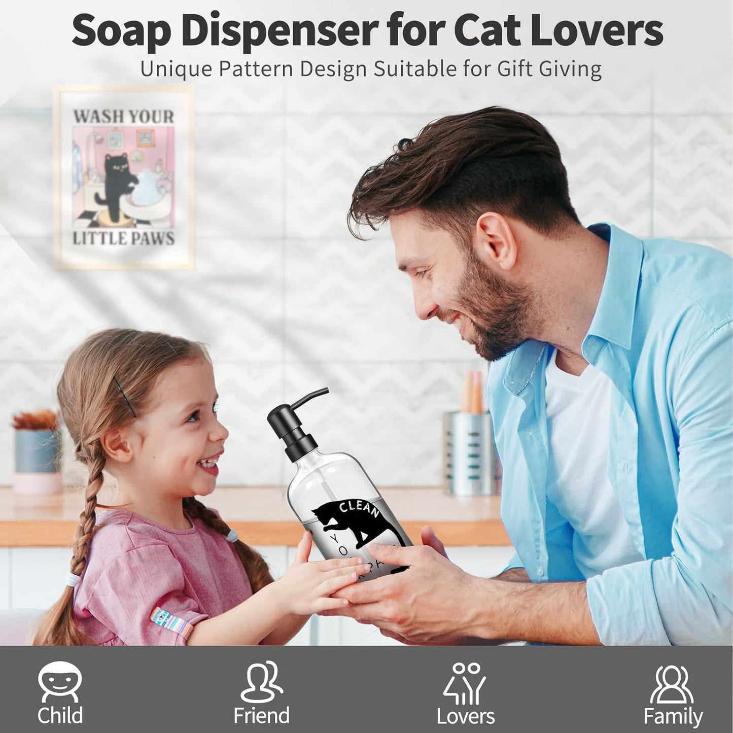 Black Cat Soap Dispenser 17 oz Clear Glass Hand Soap Bottle with 304 Stainless Steel Pump for Bathroom or Kitchen Countertop Cat Lover Gift Idea